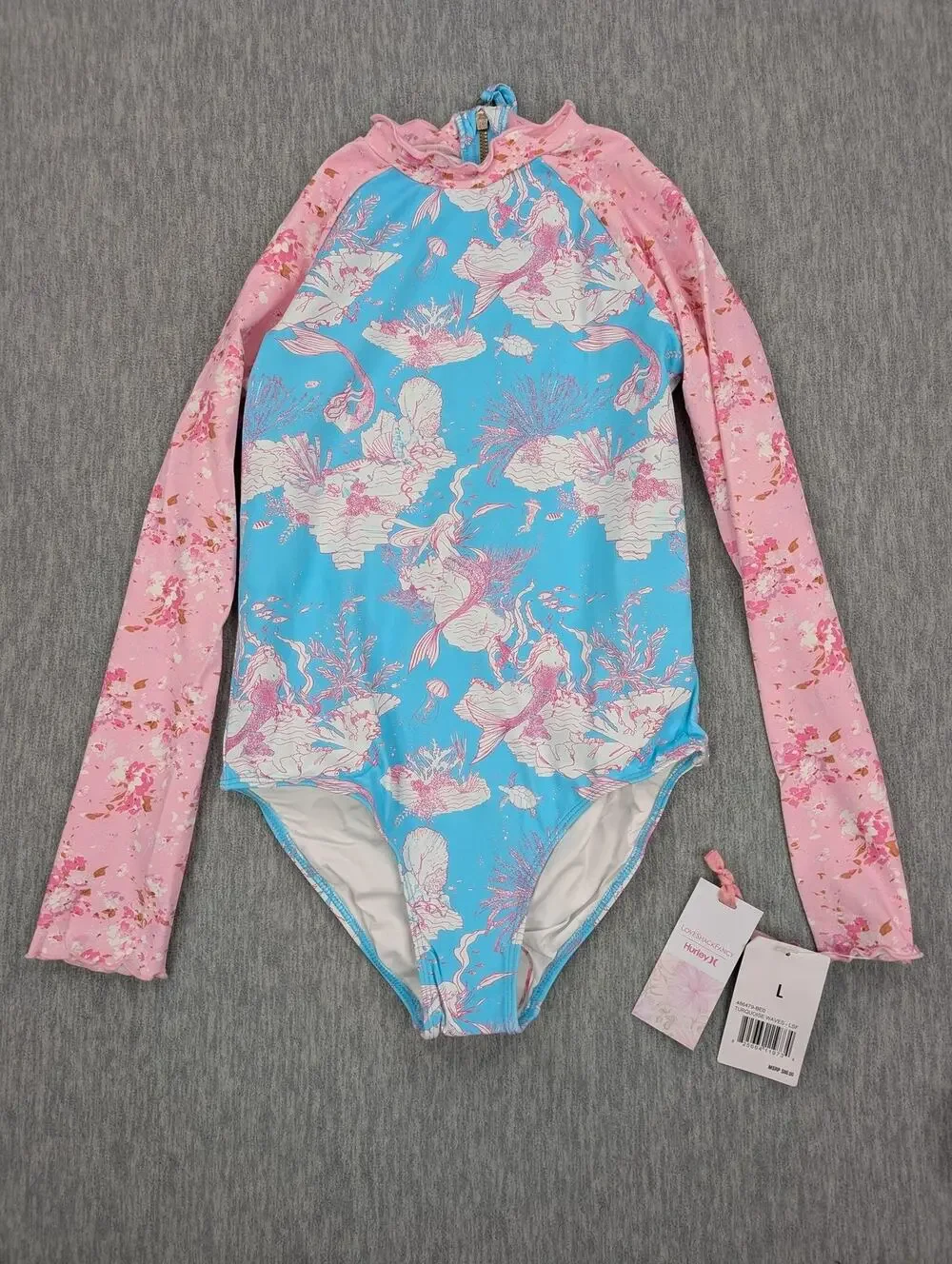 LoveShackFancy Hurley Swimsuit Girls Large 12-14 Blue Pink Rash Guard One Piece